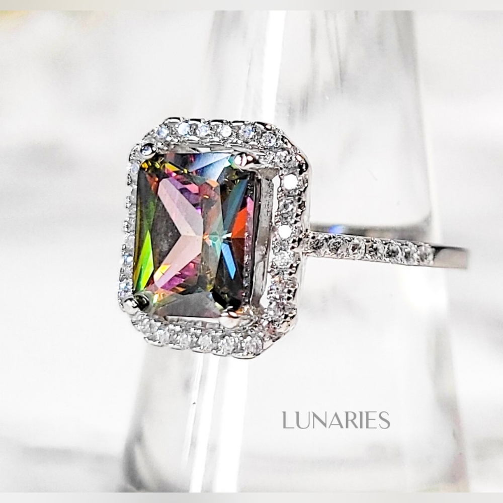Rainbow Mystic Topaz Emerald Cut Halo Ring: 925 Sterling Silver Statement Ring